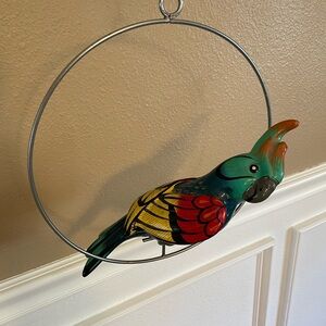 Vintage Parrot Cockatoo Hand Painted Bird on a Round Metal Hanger